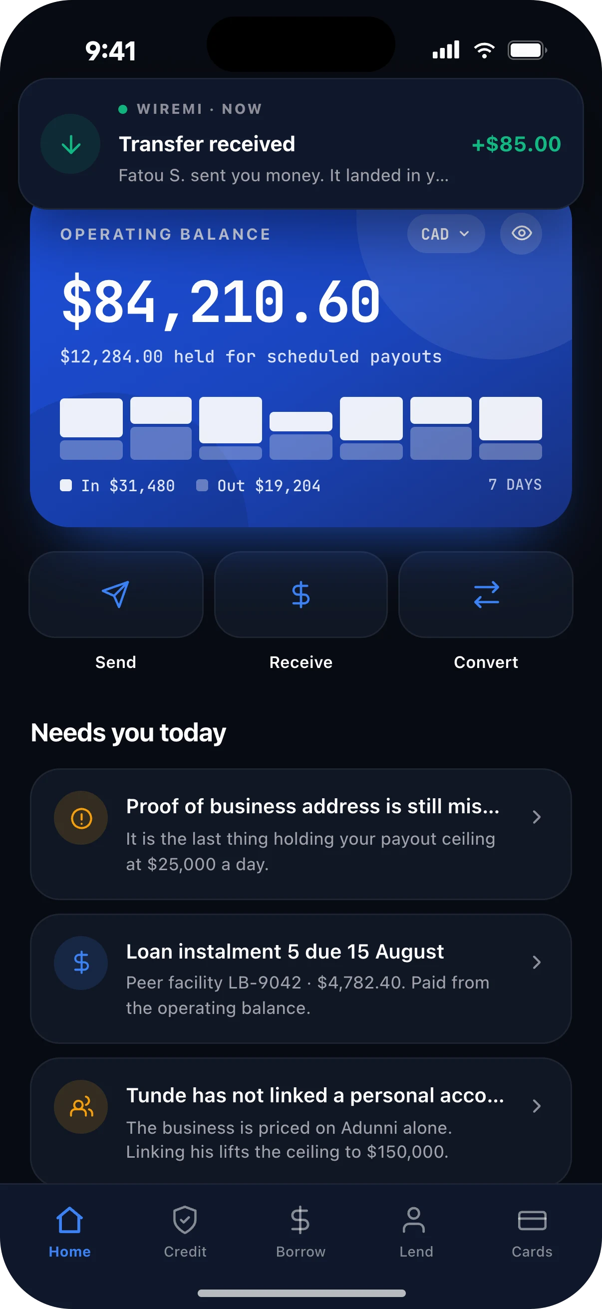 The business home screen showing the operating balance and seven-day flow
