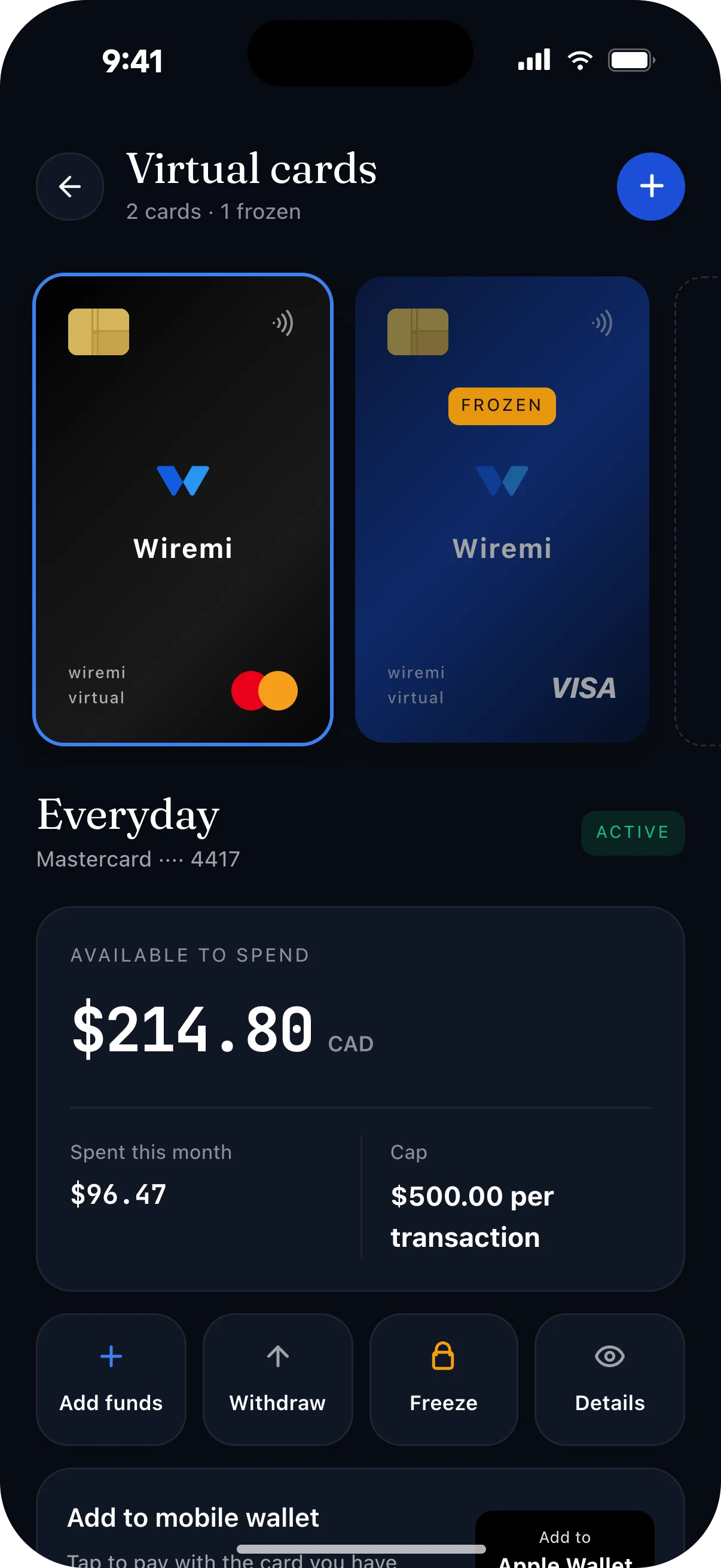 The virtual cards screen showing issued cards and balances