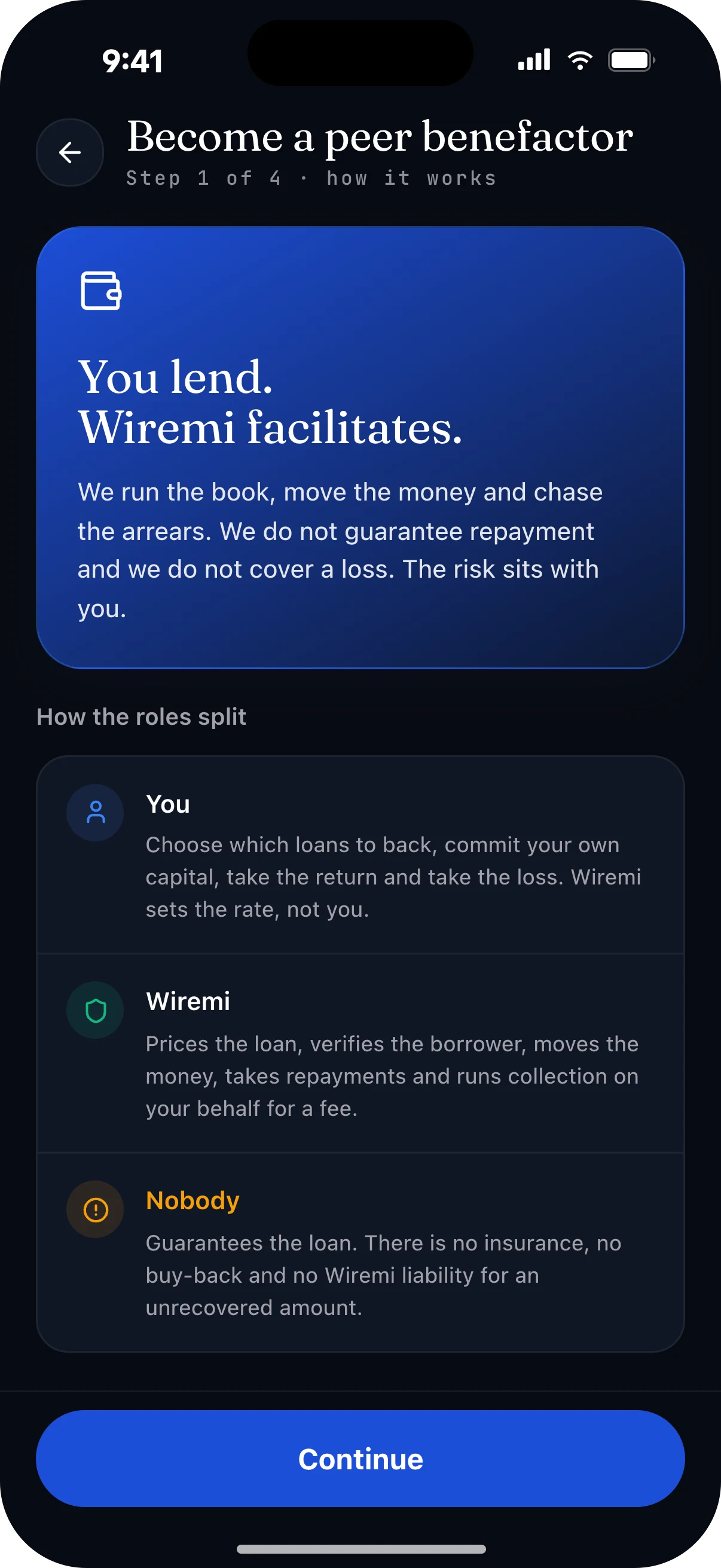 The peer benefactor application, showing how the roles split
