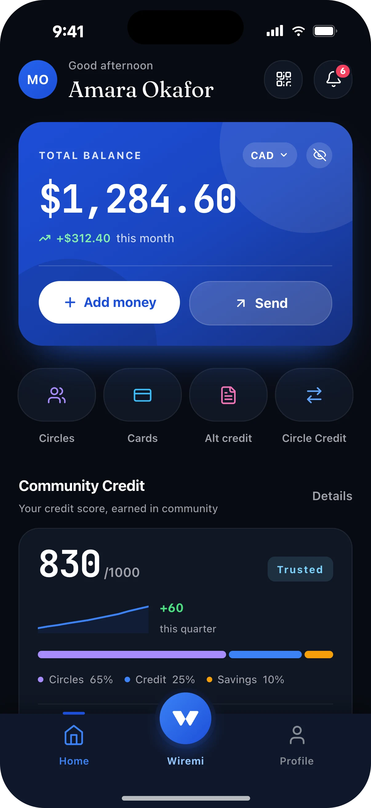 The Wiremi app home screen, showing wallet balance and Community Credit