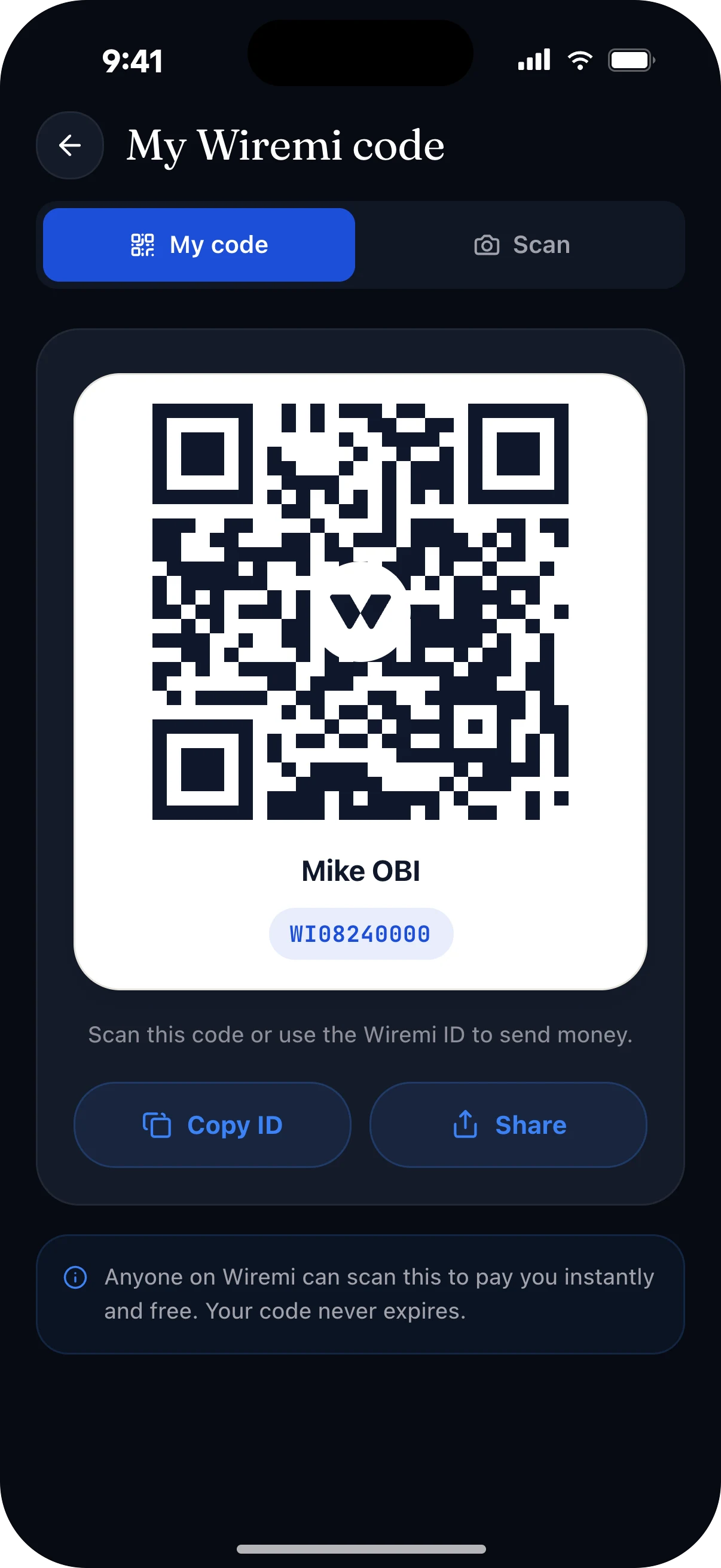 The Wiremi QR code screen