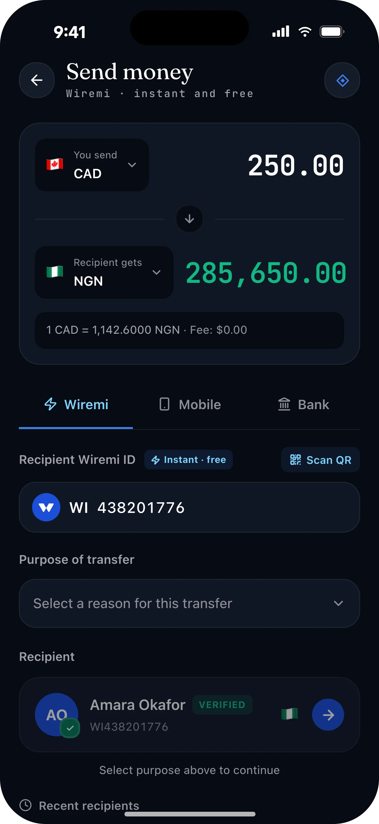 Send money in the Wiremi app