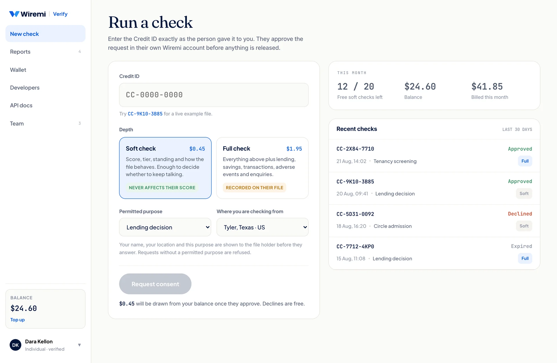 The Wiremi Verify console, running a consent-gated check against a Credit ID