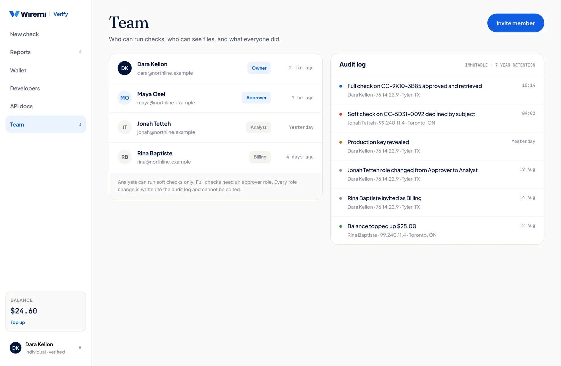 The Verify team screen with its immutable audit log