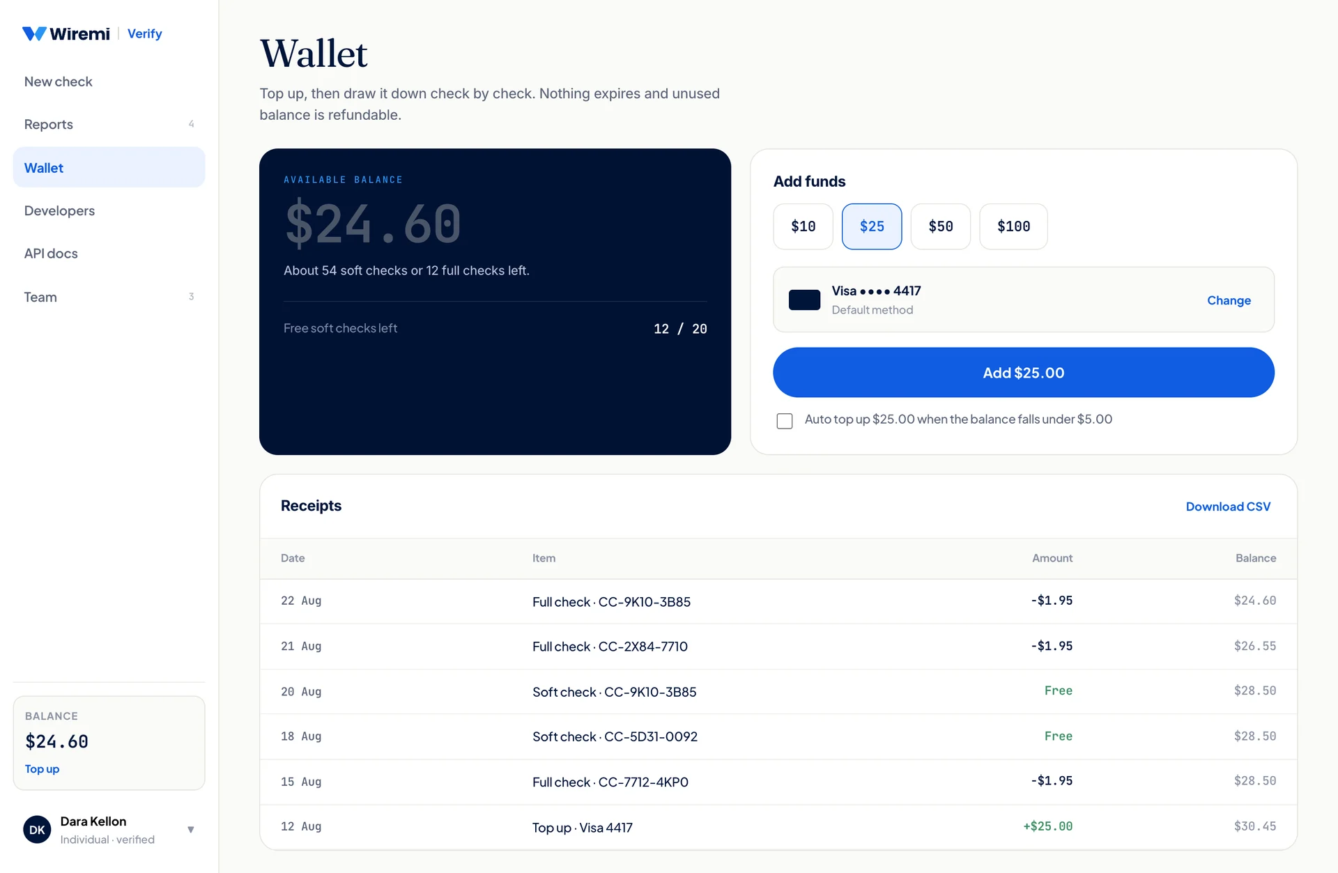 The Verify wallet, showing balance, top-ups and receipts